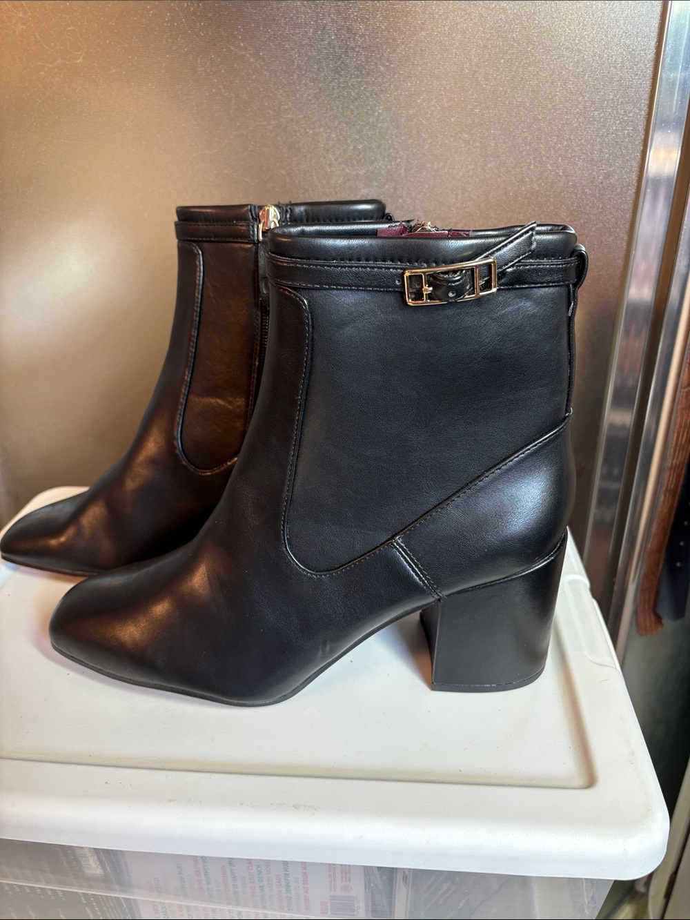 Franco Sarto Black Leather Ankle Boots with Gold Buckle